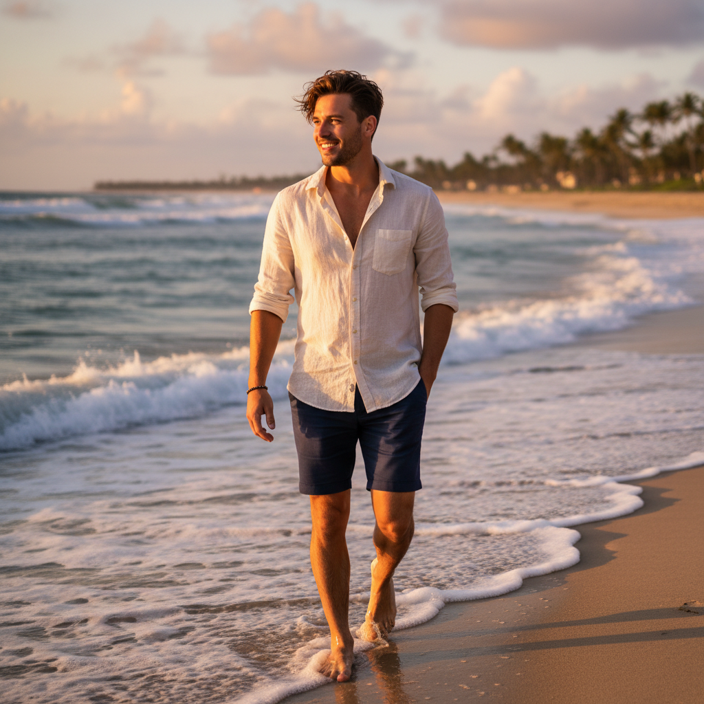 Beach sunset, linen shirt